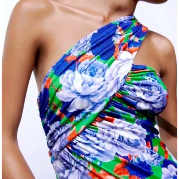 ZARA Blue Floral Asymmetrical Bodysuit Large - Picture 1 of 7